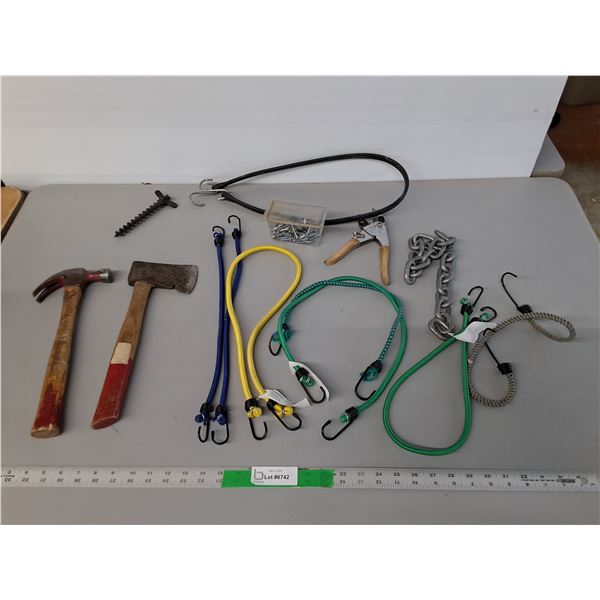 Hatchet 13.25", Hammer, Bungee Cords, Misc.