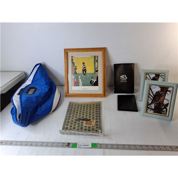 Framed Normal Rockwell Print 13.75" x 11.75", Insulated Bag, Leather Style Wallet, Misc.