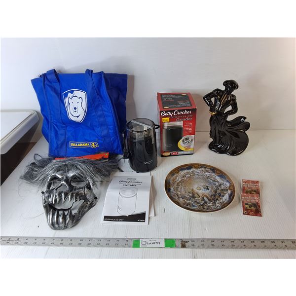 Ceramic Matador Statue 11.5", Betty Crocker Electric Grinder- Appears NIB, Cooler Bag, Misc.