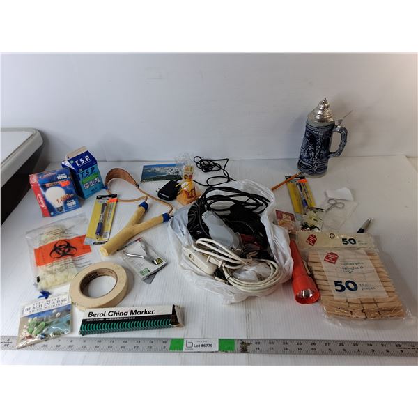 Ceramic Beer Stein 9", Wooden Slingshot & Clothespins, Cords, Misc.