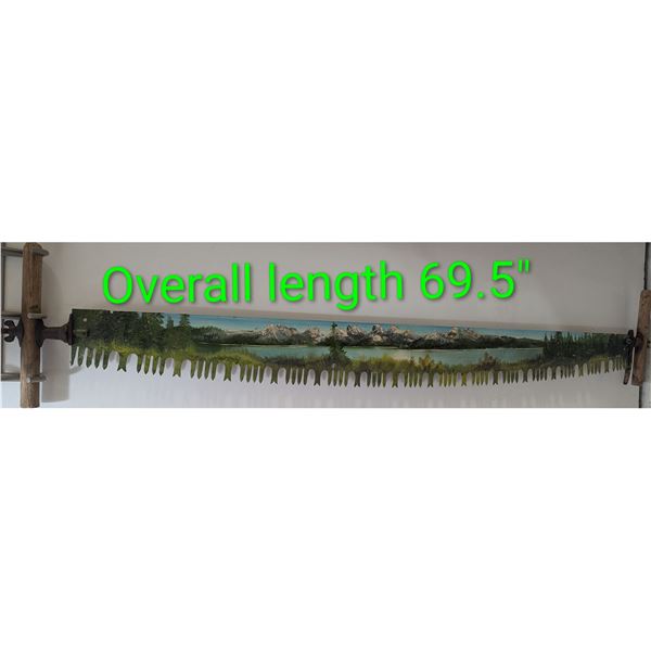 ANTIQUE CROSSCUT SAW with FOLK ART Landscape Oil Painting