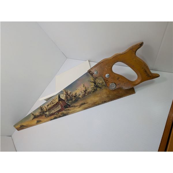 VINTAGE HAND SAW with FOLK Art Farm Scene.