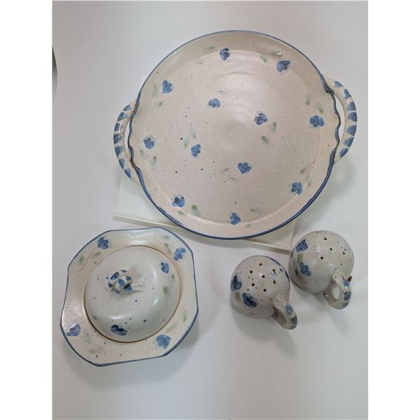 Pottery Set~Platter butter dish(with lid), salt & pepper