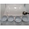 Image 1 : WHITE PLATTER 12"X15", SOUP BOWLS, WIRE BOTTLE CRADLE, SALT & PEPPER SHAKERS