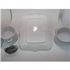 Image 4 : WHITE PLATTER 12"X15", SOUP BOWLS, WIRE BOTTLE CRADLE, SALT & PEPPER SHAKERS