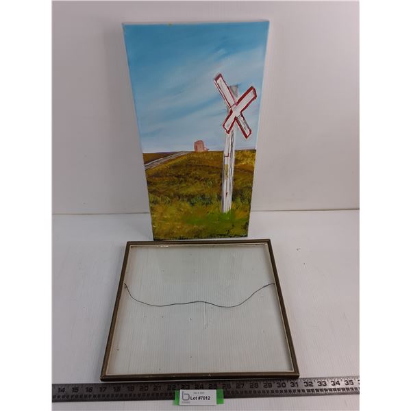 Canvas "Prairie Railroad Crossing" Original Wall Art - 10" x 20", Glass Picture Frame 14.5" x 13"