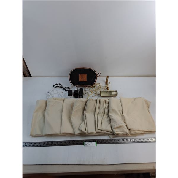 (8) Beige Pillow Cases, Assorted USB Power Outlets/Cords, Vintage Metal Desk Lamp, Amenity Bag