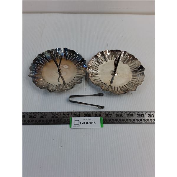 (2) Vintage Silver-Plated Serving Platters w/Tong - 6.5" Diameter