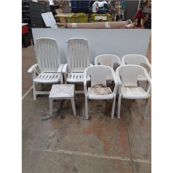 * Set of 4 Stackable Patio Chairs, Pair of Lounge Chairs, Table - Pickup Only