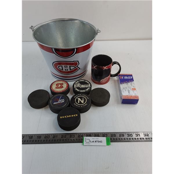 Steel Montreal Canadiens Garbage Can, 7 Pucks, Detroit Redwings Coffee Mug, NIB Hockey Skate Laces