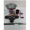Image 1 : Steel Montreal Canadiens Garbage Can, 7 Pucks, Detroit Redwings Coffee Mug, NIB Hockey Skate Laces