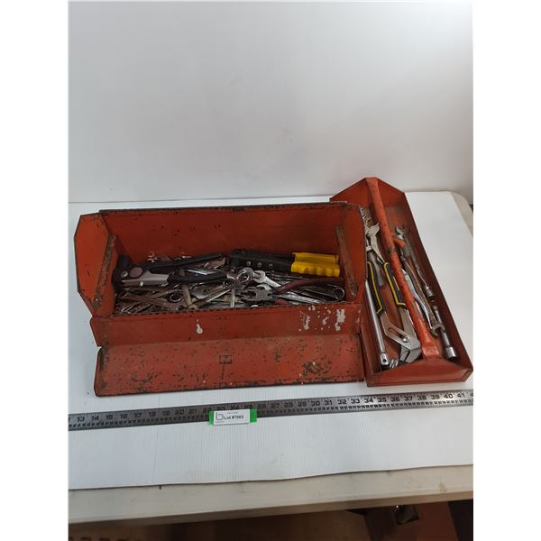 Metal Tool Box (20" Length) w/Contents (Wrenches, Pliers, Rivet Gun, Misc.) - Pickup Only