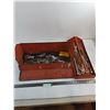 Image 1 : Metal Tool Box (20" Length) w/Contents (Wrenches, Pliers, Rivet Gun, Misc.) - Pickup Only
