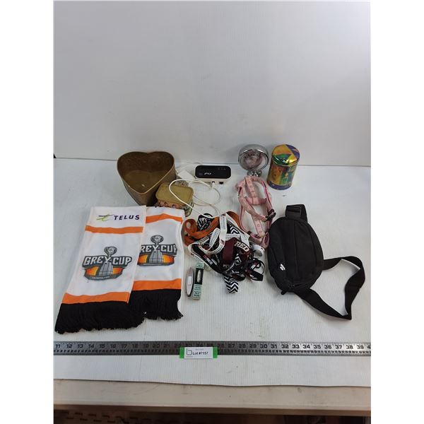(2) 111 Grey Cup Scarves, Lanyards, Doorbell, Fanny Pack, Tins, TCP Control - Powers On, Dog Harness
