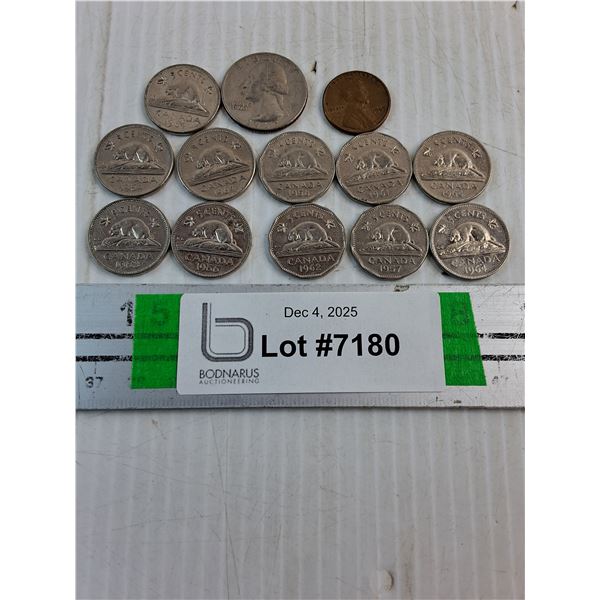(11) Canadian Nickels 1950's/60's,1967 American Quarter and Penny