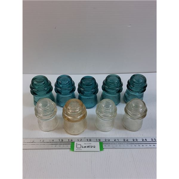 (9) Glass Insulators: Green & Clear