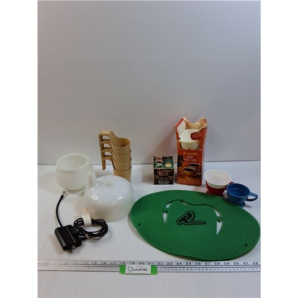 Milk Glass Bowl, Dentist Sink, Various Plastic Cups, Rush Foam