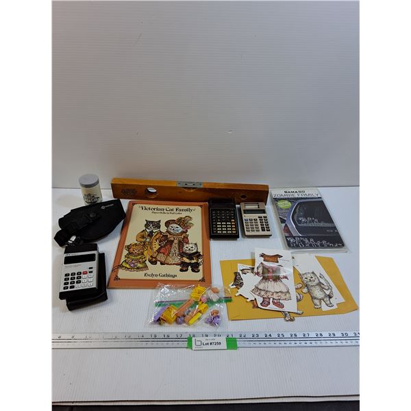 Lot: Calculators, Level, Victorian Cat Family Paper Dolls, Misc