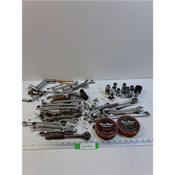 Various Wrenches & (2) Three Nun Tobacco Tins