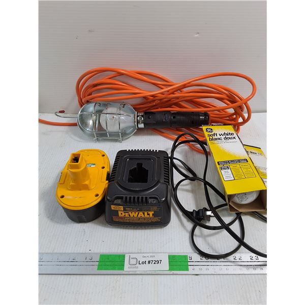 DeWalt 18V Battery & Charger - Untested , Work Light - Works , Lightbulb -