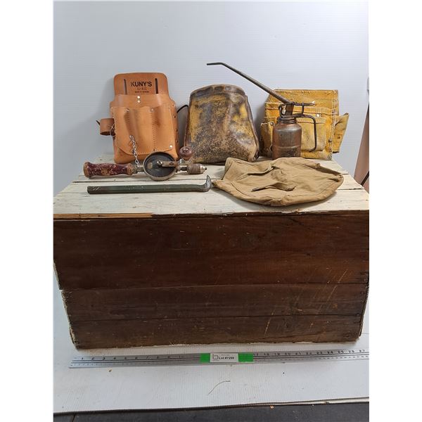 *Wooden Trunk 27x18x14, Hand Powered Drill, Oil Can , Leather Pouches - Cannot Ship, As Is