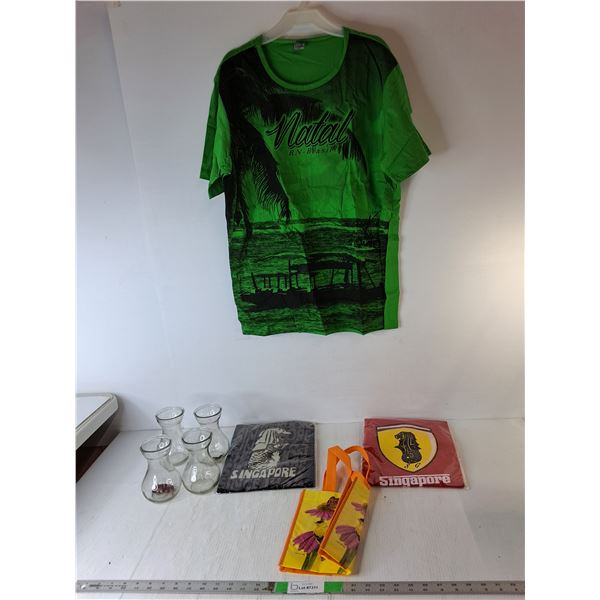 (4) Glass Vases 5.5", (3) Men's Tshirts- L/XL, Bird Bag