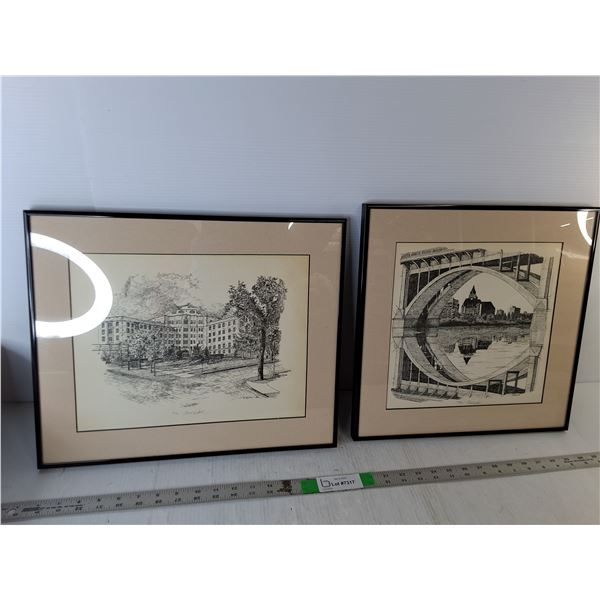 (2) Framed Saskatoon Drawings Up to 17.25" x 14.25"