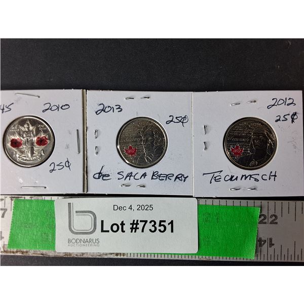 (3) Canadian Quarters; Remembrance Day- 2010, de Salaberry- 2013, Tecumseh- 2012