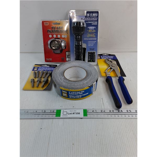 (2) LED Flashlights,10" Groove Joint Pliers,Anti-Slip Tape,Power Nut Driver Bit Set
