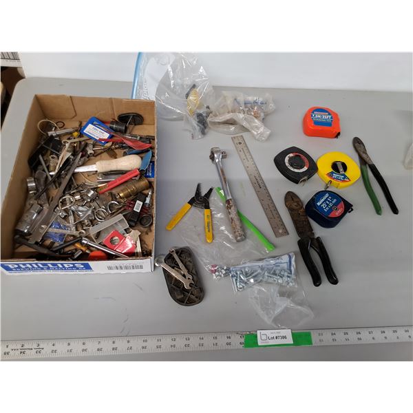 100 Ft Tape Measure, Ratchet, Nuts & Bolts, Misc.