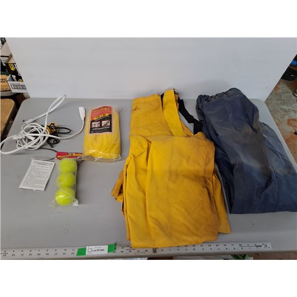Tennis Balls, Rain Proof Coveralls- Approx. L & Pants- Approx. S, Misc.