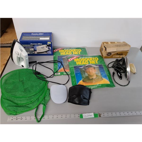 (2) Irons- Power On, (2) Mosquito Head Nets, Kneepads, Misc.
