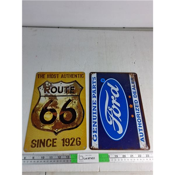 (2) Metal Signs- Ford, Route 66, W 7.5" H 11.5"