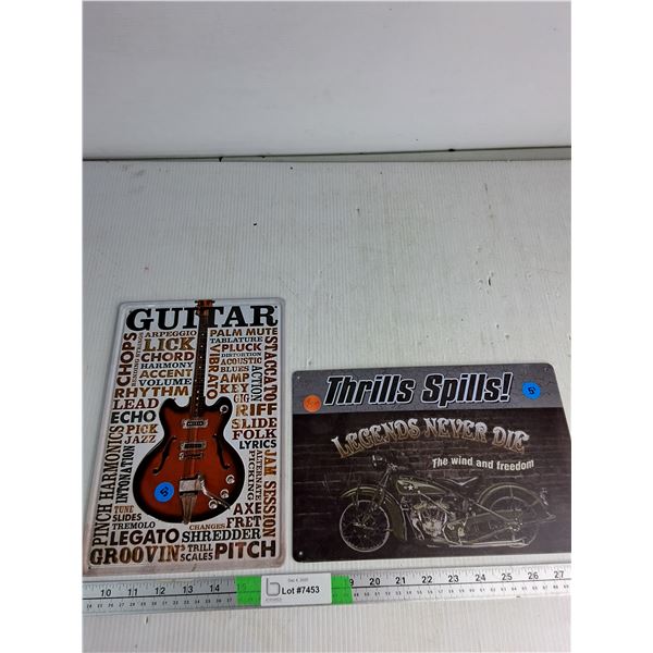 (2) Metal Signs - Guitar, Thrills Spills, 7.5" by 11.5"