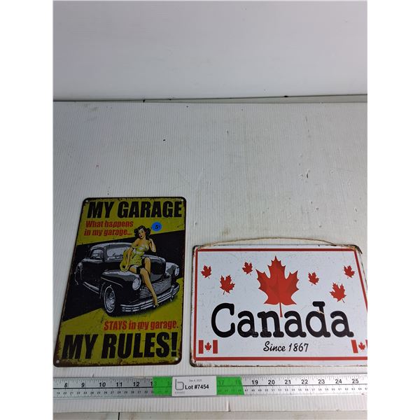 (2) Metal Signs- Garage, Canada, 7.5" by 11.5"