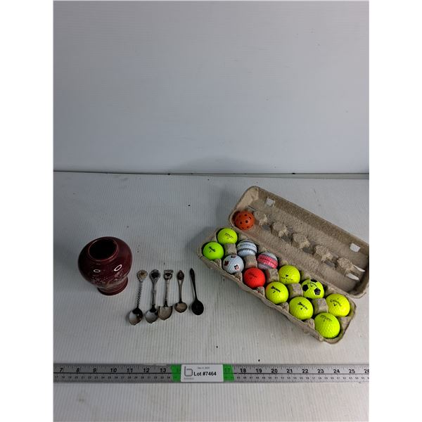 Miniature Vase, Vintage Spoons, Golf Balls