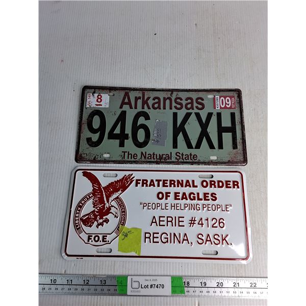 (2)  Metal Signs-- Arkansas, Fraternal Order Of Eagles, 12" By 6"