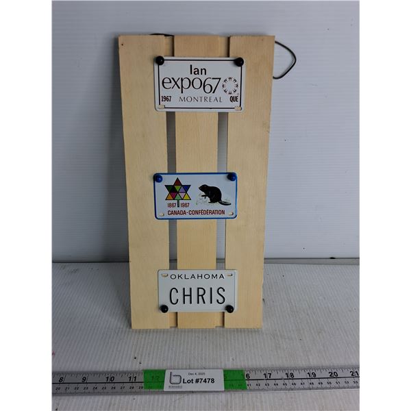 Wooden Display Of Miniature Licence Plate 7" By 14"