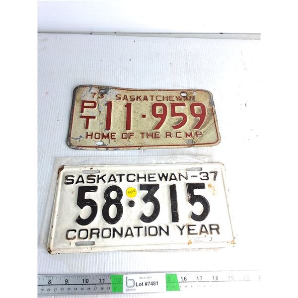 (2) Vintage Saskatchewan License Plates