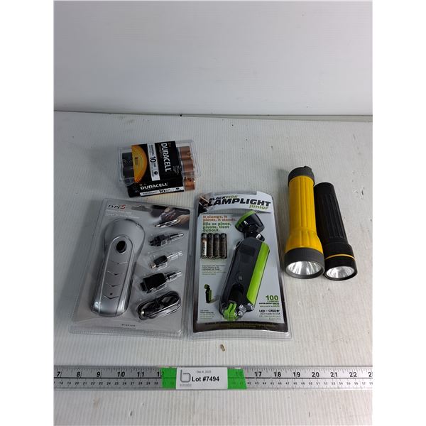 Clamplight(NIB), Dynamo Flash Light (NIB), Flashlights (Un-Tested), Batteries- As Is, Cannot Ship