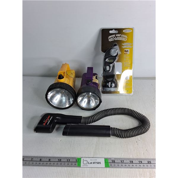 Crank Light With Digital Tire Gauge & Various Flashlights- As Is