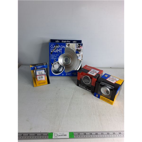 Clamp-On Light, Chrome Ammeter Gauge, (2) Led Vacuum Gauge- As Is