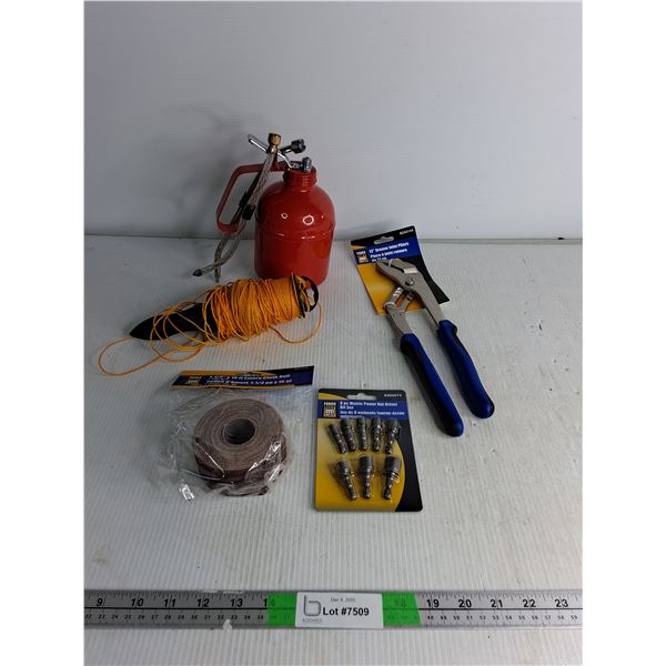 Lever Oil Can, Groove Joint Pilers, Metric Power Nut Driver, Emery Cloth Roll