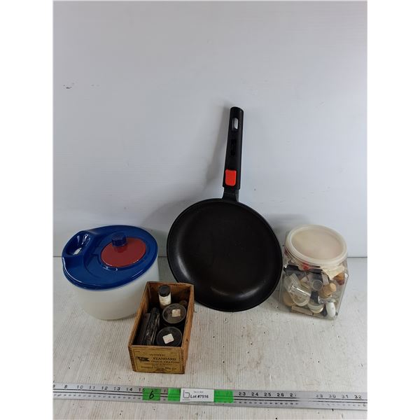 Salad Mixing Bowl, 12" Frying Pan, Vintage Wooden Chalk Crayons Crate, Misc