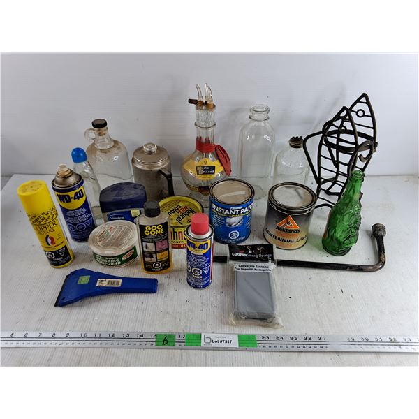 Vintage Glass Bottles, Ice Scraper, Lug Wrench, WD40, Paste Wax, Roof Repair, Misc