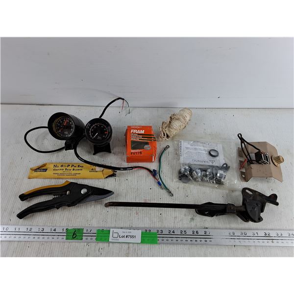 (2) Tachometers, Coping Saw Blades, Pruning Shears, PCV Valve, Bicycle Stand, Misc