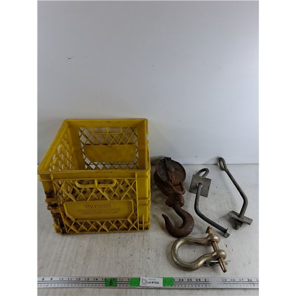 Pulley Block with Hook, Threaded J Bolt Clamps, Screw Pin Shackle, Plastic Milk Crate 11" x 13" x 11