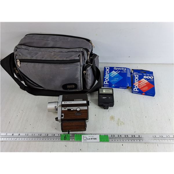 Optex Camera Bag, Vintage Bell & Howell Autoload 309 Film Camera, Kitstar Flash, Instant Film