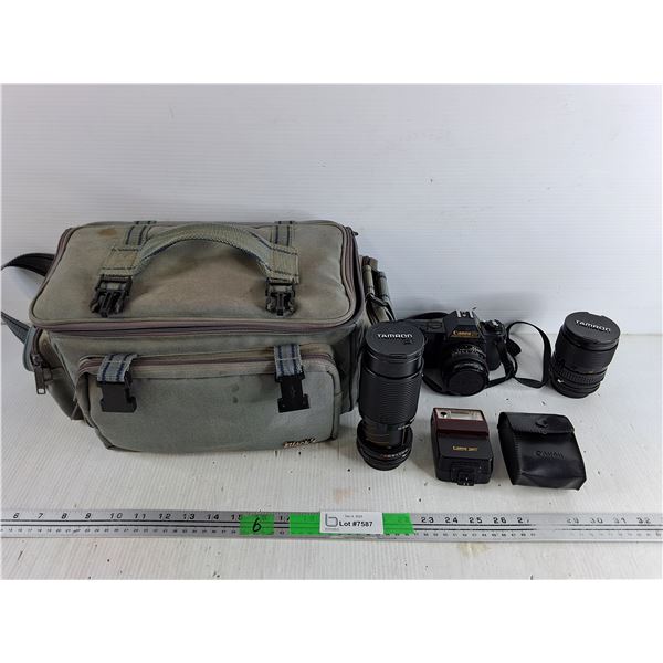 Blacks Camera Bag, Vintage Canon T50 Film Camera, Tamron Lenses, Canon 244T Flash - As Is