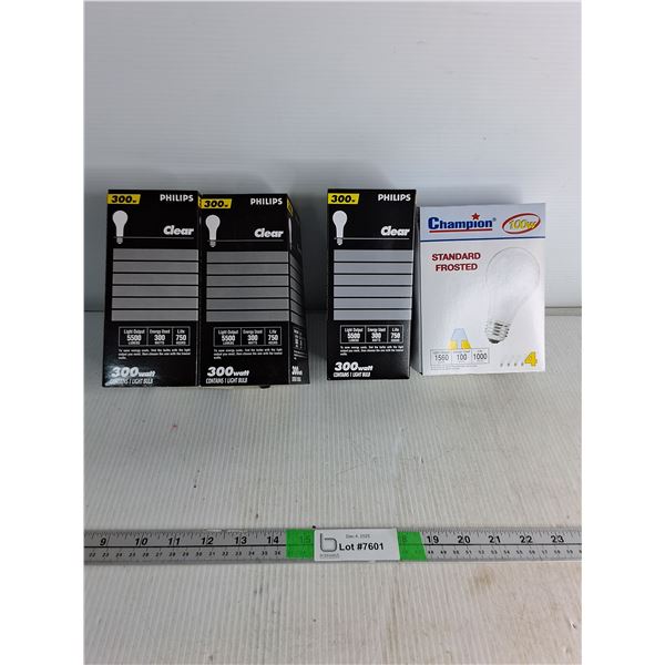 (3) Clear Philips 300w Lightbulb, Standard Frosted 100w Lightbulb- As Is